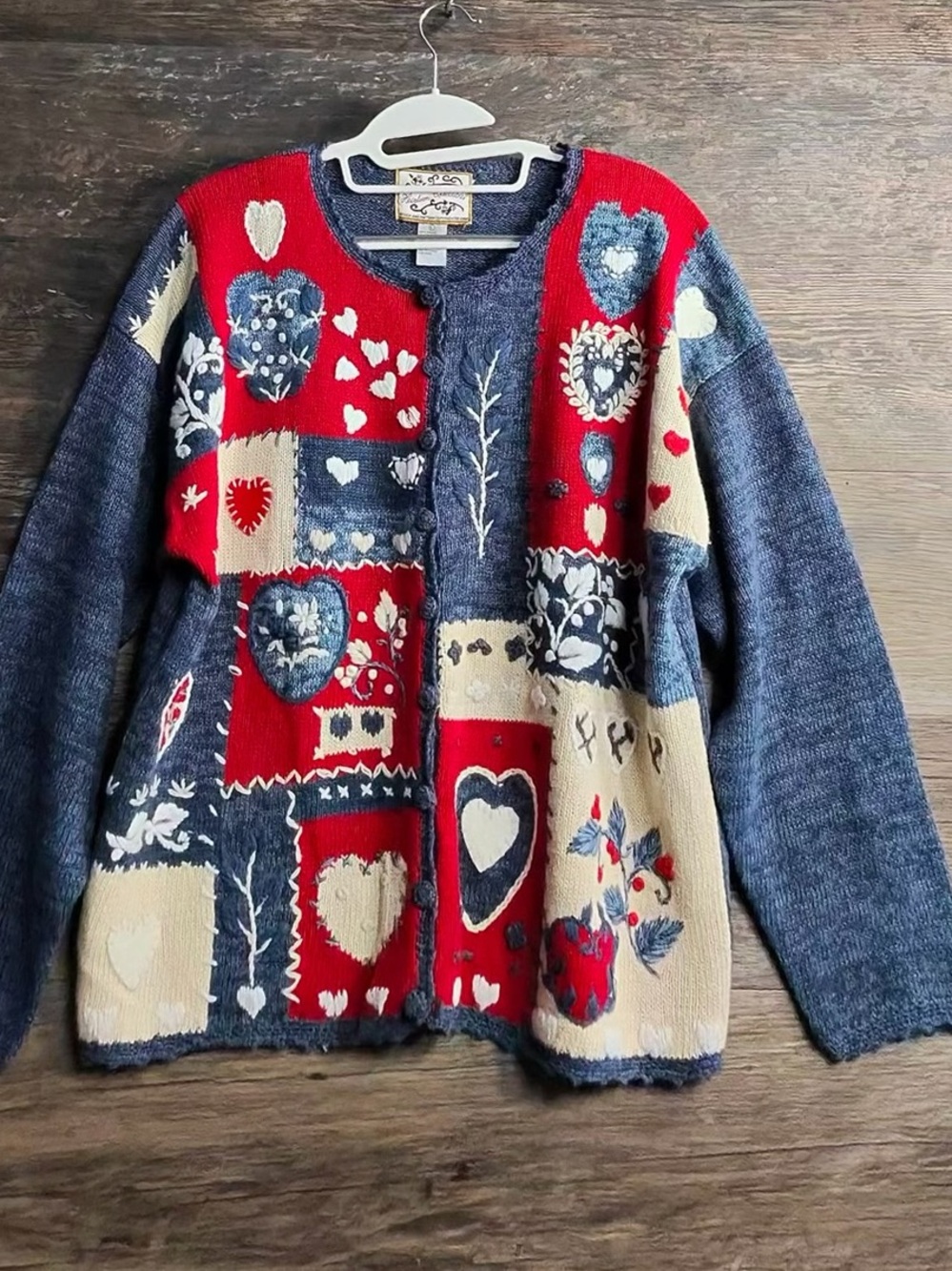 Heirloom Collectible Patchwork Heart Teddy Jacket in Red, Navy & Cream